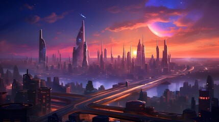 panoramic view of the modern city at night with a beautiful sky