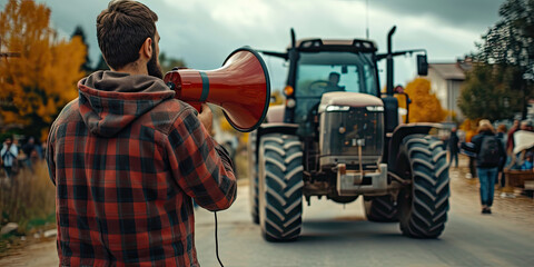Witness the strength of rural activism with this striking image of a farmer on strike, using a tractor to protest against tax increases.The scene reflects the challenges for their rights amid economic - obrazy, fototapety, plakaty