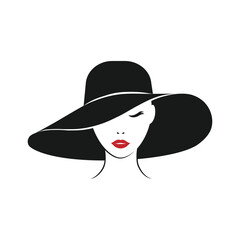 The girl in the hat. A woman in a black hat with a large brim. Sexy woman with red lips. The avatar of the lady. Vector illustration