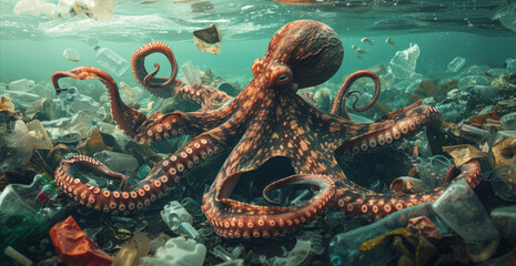 Obraz premium Ocean, sea and octopus swimming underwater in dirty water for awareness background and poster design. Blue, wildlife and nature scene with plastic for impact of pollution, environment and waste