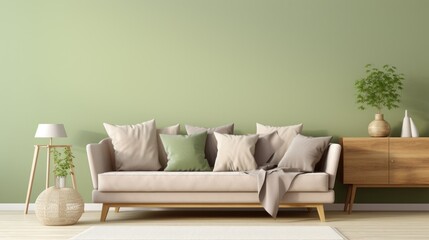 Light green sofa with brown and beige pillows against wall with copy space. Scandinavian home interior design of modern living room