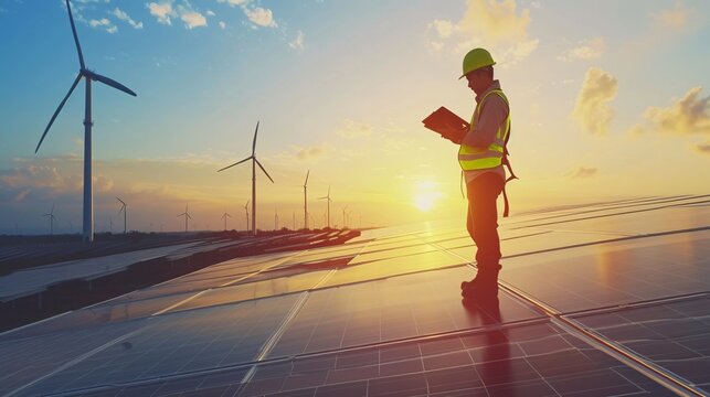 An engineer is constructing a solar panel factory with a wind farm, using sustainable energy sources and environmentally friendly technology.