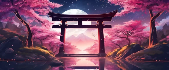 Gordijnen Colorful Vibrant Anime Torii Gate Japanese Landscape with Sakura and Galactic Sky Ultrawide Background © Lintang