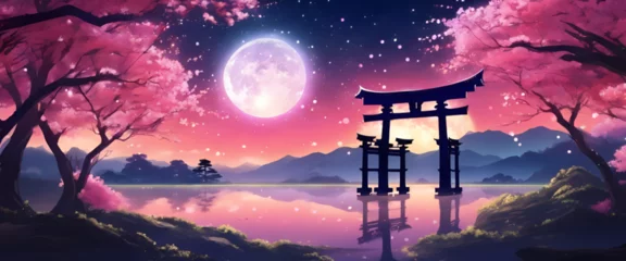 Gardinen Colorful Vibrant Anime Torii Gate Japanese Landscape with Sakura and Galactic Sky Ultrawide Background © Nouzen