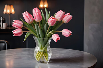 Pink tulips in a glass vase on a table on a dark background