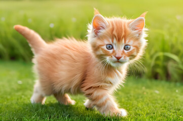 Naklejka na ściany i meble A cute ginger kitten walks on the lawn on a sunny day