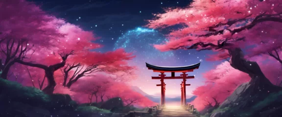 Fotobehang Colorful Vibrant Anime Torii Gate Japanese Landscape with Sakura and Galactic Sky Ultrawide Background © Nouzen