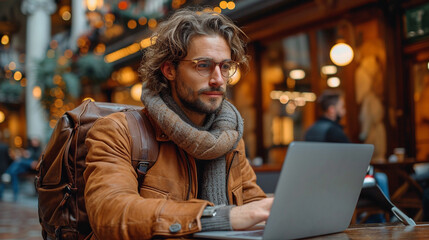 Fototapeta na wymiar Businessman with his laptop, working mood