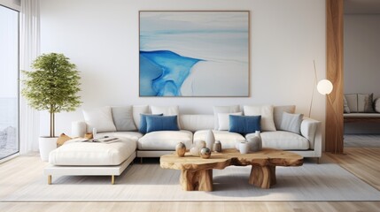 Live edge accent coffee table near white sofa with blue pillows against wall with big poster frame. Coastal home interior design of modern living room
