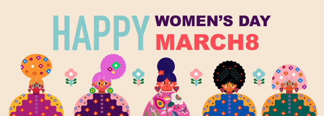 International Women's Day. Characters design for 8th march, women's day. Set of various women characters. Vector bright colourful collection with women's faces for holiday Women's day.