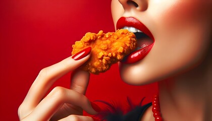 Pop Art Flavor: Vivid Close-Up of Woman Eating Fried Chicken Against a Bold Red Background