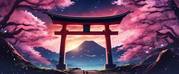Fotobehang Colorful Vibrant Anime Torii Gate Japanese Landscape with Sakura and Galactic Sky Ultrawide Background © Nouzen