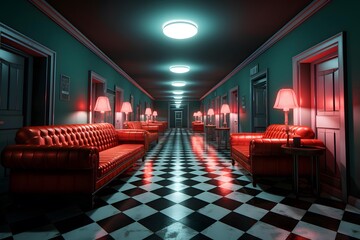 3D CG rendering of Horror House hallway. 3D CG rendering.