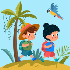Cute stylised flat children with backpacks travelling through jungle. Cartoon funny characters, exotic plants. Vector illustration.
