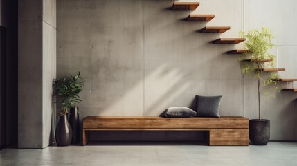 Loft interior design of modern entrance hall with staircase and rustic wooden bench near concrete wall