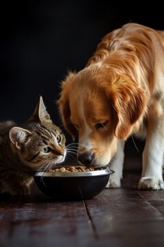 Ein Hund und eine Katze essen gemeinsam aus einem Futternapf
