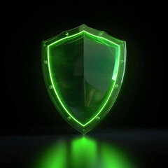 A glowing green, crystal-like shield against a dark background. - obrazy, fototapety, plakaty