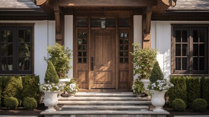 Fototapeta na wymiar Main entrance door in house. Wooden front door with gabled porch and landing. Exterior of georgian style home cottage with white columns and stone cladding