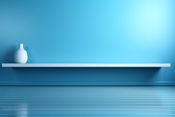 Minimalistic azure backdrop for showcase, with a light cerulean wall, elegant recessed illumination, and sleek flooring.