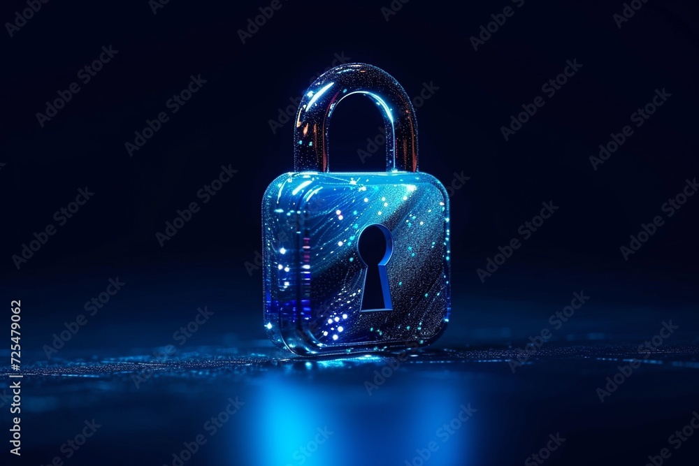 Poster a digital padlock on a dark blue backdrop symbolizes robust cyber security, emphasizing fraud preven