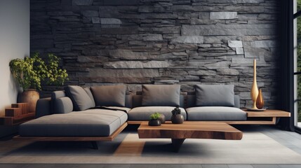 Minimalist home interior design of modern living room. Live edge accent coffee table near grey fabric corner sofa against stone cladding wall - obrazy, fototapety, plakaty