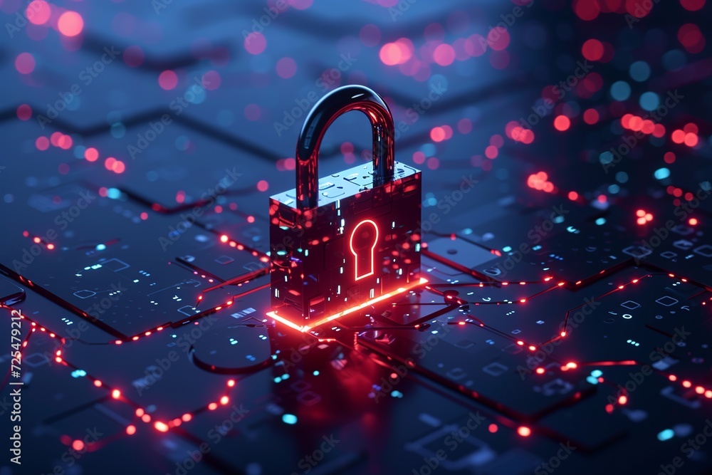 Poster a digital padlock on a dark blue backdrop symbolizes robust cyber security, emphasizing fraud preven
