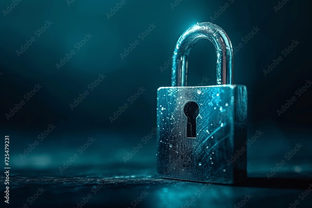 Poster a digital padlock on a dark blue backdrop symbolizes robust cyber security, emphasizing fraud preven