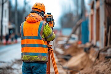 An employee is using a theodolite and level transit to survey distances, elevations, and directions at a construction site. - obrazy, fototapety, plakaty