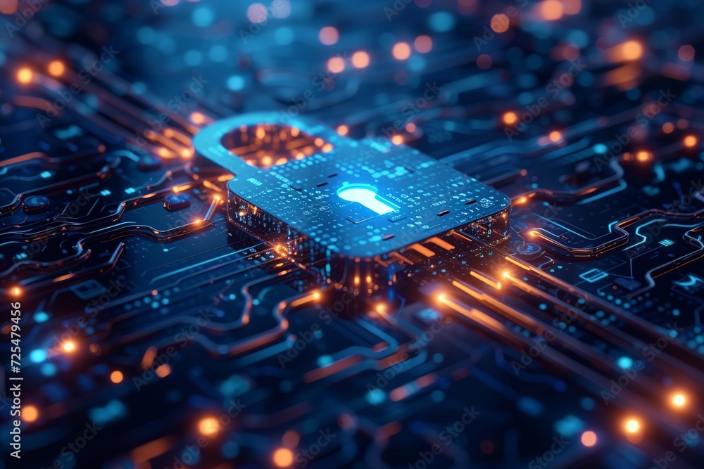 Poster a digital padlock on a dark blue backdrop symbolizes robust cyber security, emphasizing fraud preven