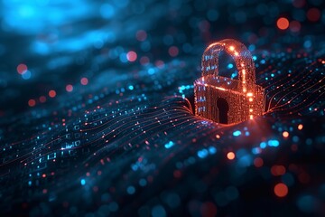 A digital padlock on a dark blue backdrop symbolizes robust cyber security, emphasizing fraud prevention and the safeguarding of private data networks. - obrazy, fototapety, plakaty