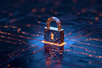 A digital padlock on a dark blue backdrop symbolizes robust cyber security, emphasizing fraud prevention and the safeguarding of private data networks. - obrazy, fototapety, plakaty