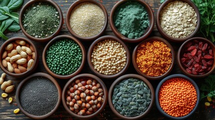 Top view of various superfoods in wooden bowls on a dark table, showcasing a range of healthy seeds, nuts, and grains.