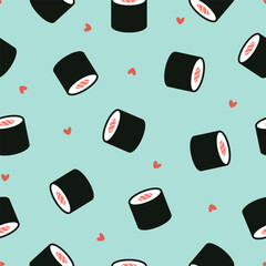 Blue seamless pattern with sushi rolls and hearts © FRESH TAKE DESIGN
