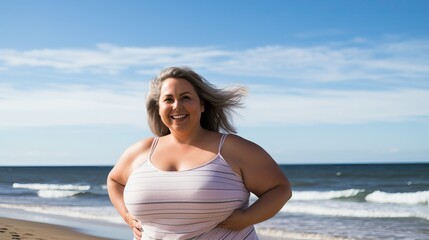 Fototapeta na wymiar Positive Plus Size Woman on Ocean Shore: Smiling Portrait
