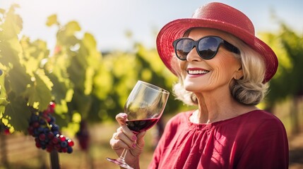 Wine Tasting at Winery: Middle-Aged Woman in Burgundy Dress