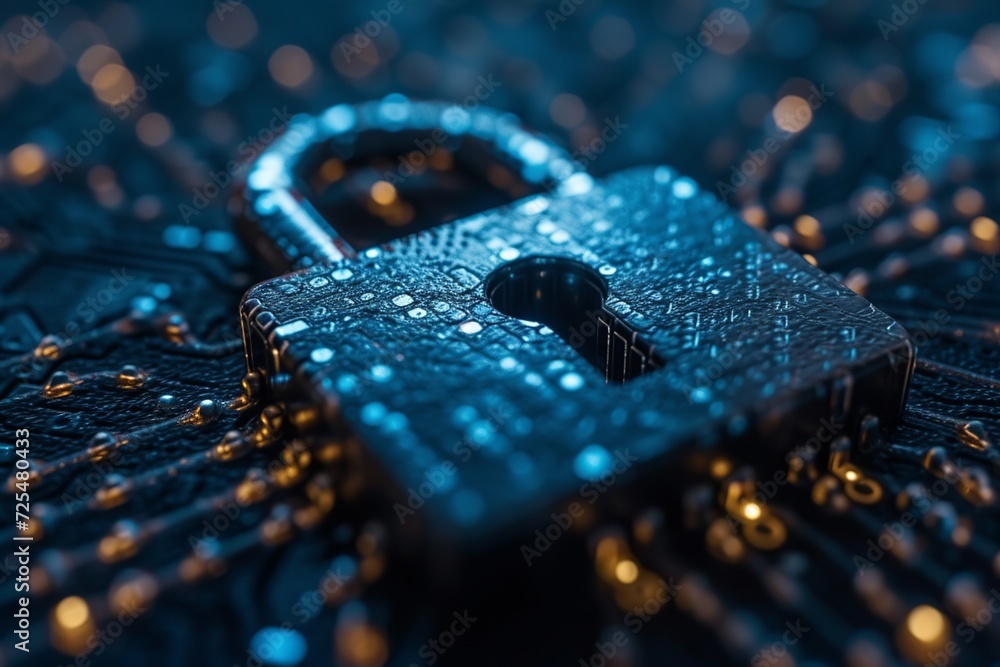 Poster a digital padlock on a dark blue backdrop symbolizes robust cyber security, emphasizing fraud preven