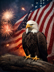 USA 4th of july independence day bald eagle with american flag with fireworks