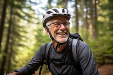 Portrait of senior man with a mountain bike in the forest.