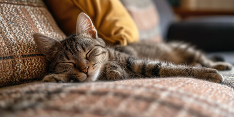 Serene cat peacefully sleeping on a cozy couch, a moment of feline tranquility
