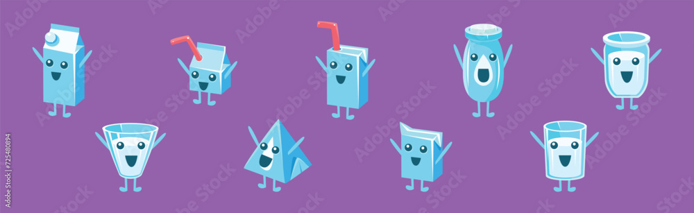 Poster milk container funny character with face on purple background vector set
