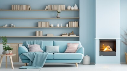 Fototapeta na wymiar Pastel blue corner sofa against fireplace and wall with shelves. Scandinavian home interior design of modern living room