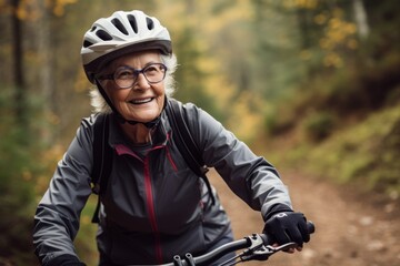 Portrait of senior woman with bicycle in the autumn forest. Active lifestyle.