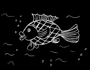 On a black background, a fish painted in white