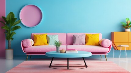 Pastel Blue sofa and round pink coffee table against multicolored stucco wall with copy space. Colorful, playful pop art style home interior design of modern living room