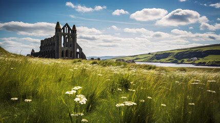 Whitby abbey on grassy land - obrazy, fototapety, plakaty