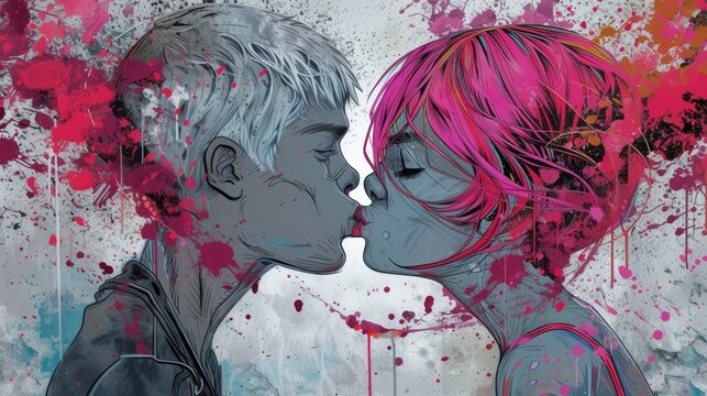 A gray-haired boy with a buzz cut and a girl with short pink and gray hair are kissing In the shape of a faint heart. scribble art, ink splatter,