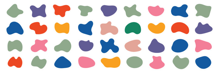Organic colorful blob shapes. Round abstract organic shape collection. Pebble, drops and stone silhouettes. Random abstract liquid organic irregular blotch shapes. Collection of modern forms
