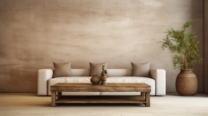 Rustic barn wood coffee table against beige sofa and stucco wall with copy space. Wabi - sabi home interior design of modern living room