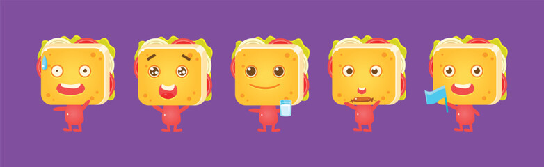 Cute Sandwich Character with Face Emotion Vector Set