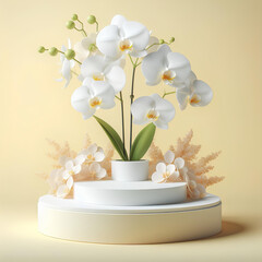 Round white podium platform stand for product presentation and white orchid branch with white blossom flowers on pastel yellow background